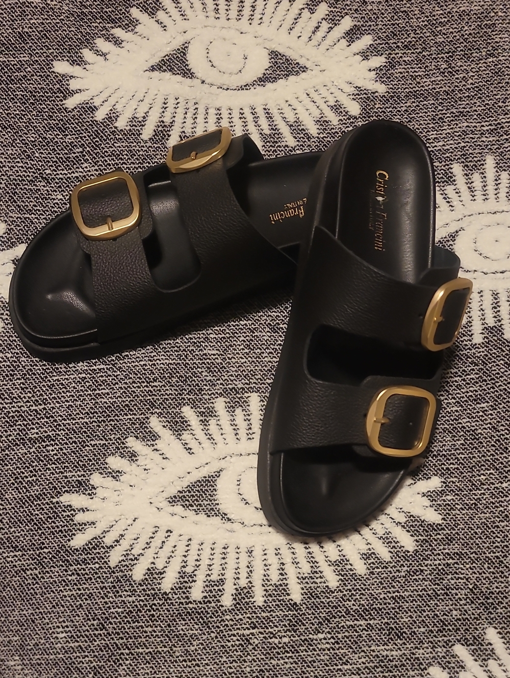 Black Slide Sandals with Gold Buckles by Cristina Francini